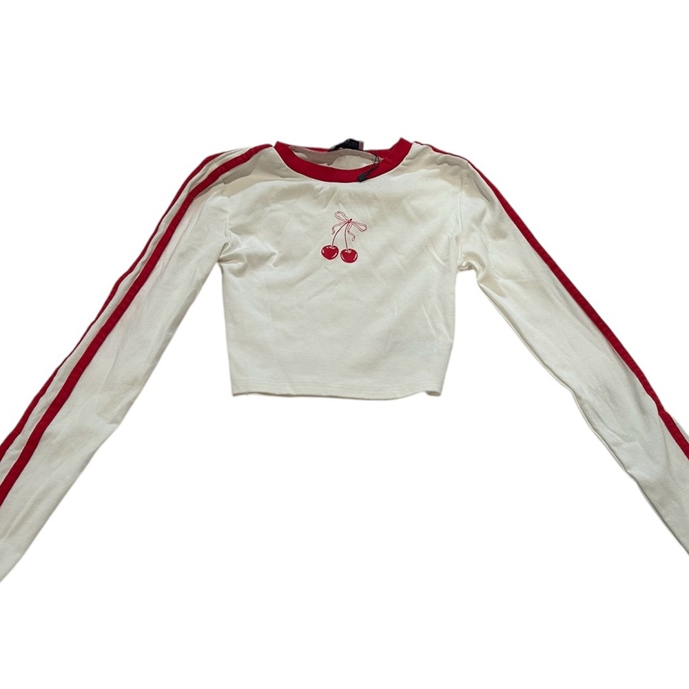 White Long Sleeve Top with Red Cherry Design